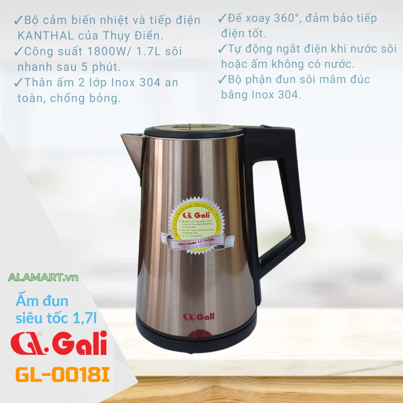 Ấm siêu tốc gali gl-0018i 1800w 1.7l