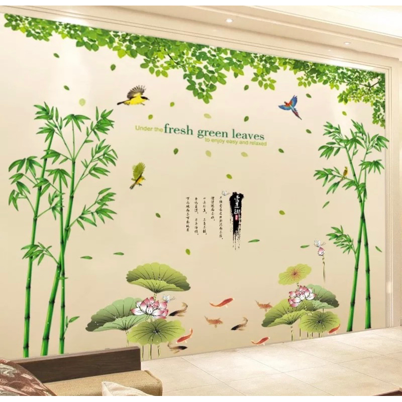 Decal dán tường trúc sen và tán lá