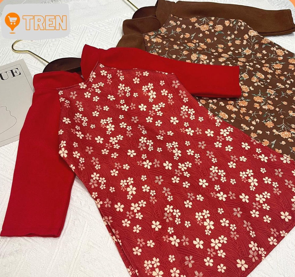 Áo dài Cách Tân Cho Bé Gái, Áo Dài Tết từ 8-25kg - Chất Liệu Nhung Tăm Hoa Nhí Màu Đỏ Siêu Mềm Mịn