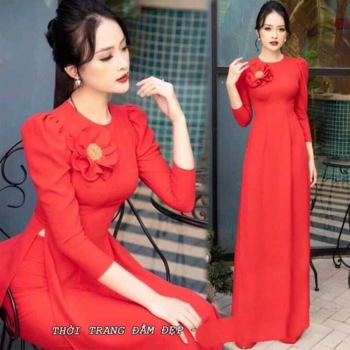 ÁO DÀI HOA TRƠN LỤA MỸ CAO CẤP ĐỎ, VÀNG ĐỦ SIZE