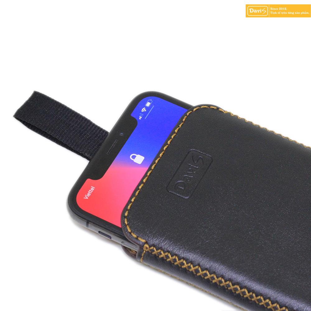 Bao da kiểu dây rút cho iPhone Xs Max - Da thật cao cấp - Davis (Đen mịn)