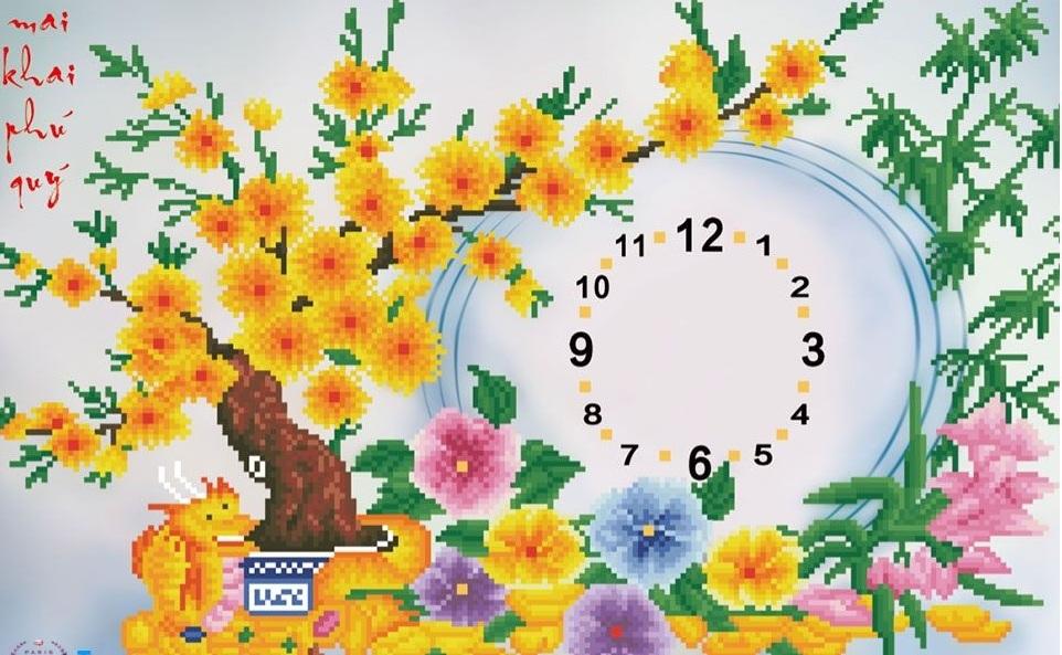 [HCM]Tranh đính đá đồng hồ hoa mai vàng - LV344