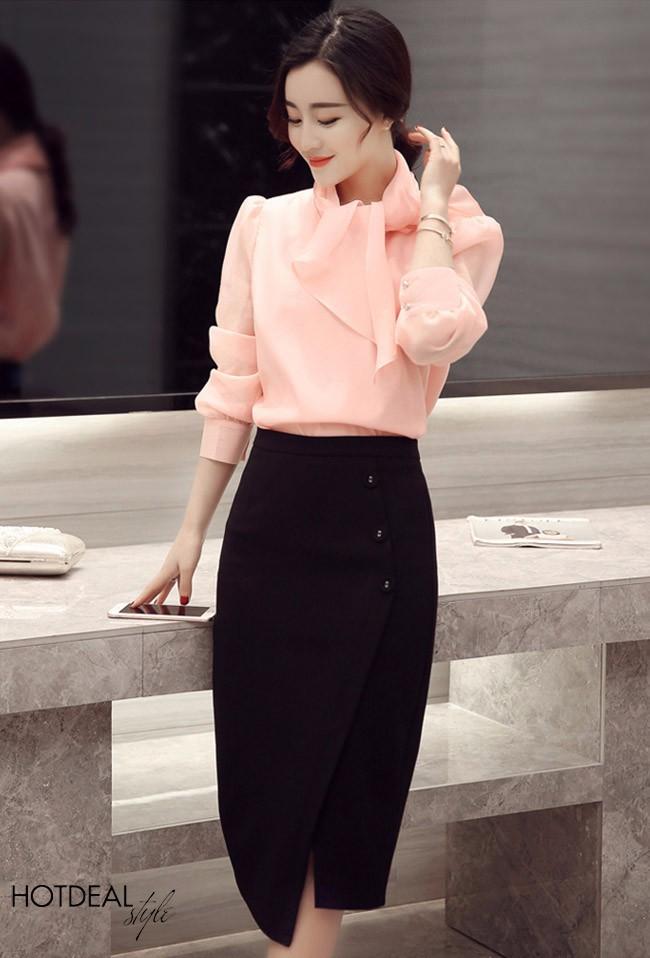 Chân váy bút chỉ phối nút