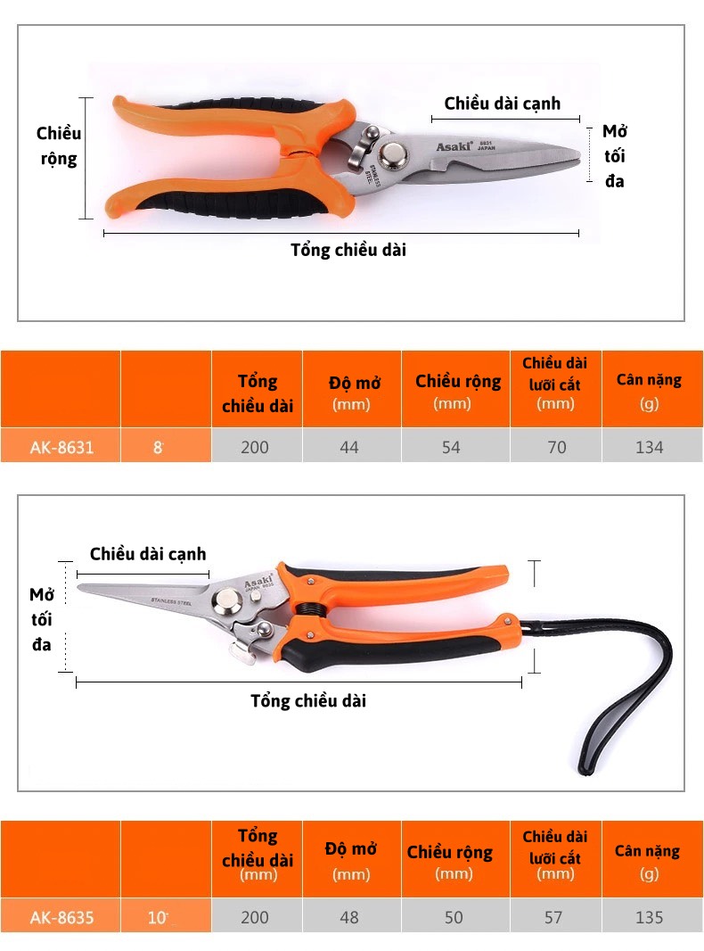 Kéo cắt cành Asaki, kéo cắt tỉa cành,kéo tỉa cây cảnh Asaki lưỡi inox đa năng,kéo làm vườn chuyên nghiệp AK-86300,ak-8631, AK-8635