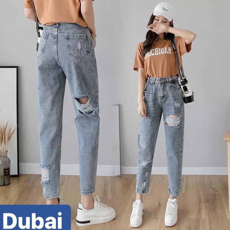 QUẦN JEAN NỮ CHẤT BÒ XANH RÁCH ĐÙI GÓT SAU SIÊU CO GIÃN HÀN QUỐC LƯNG CAO NÂNG MÔNG DB-056 - DUBAI FASHION