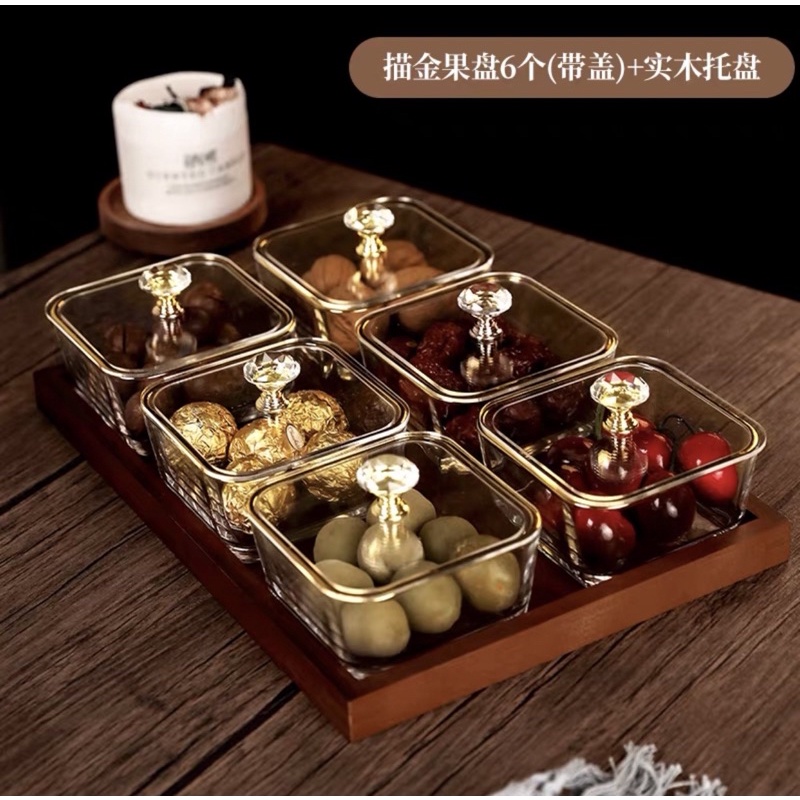 Khay đựng bánh mứt kẹo thuỷ tinh kèm khay gỗ hiện đại