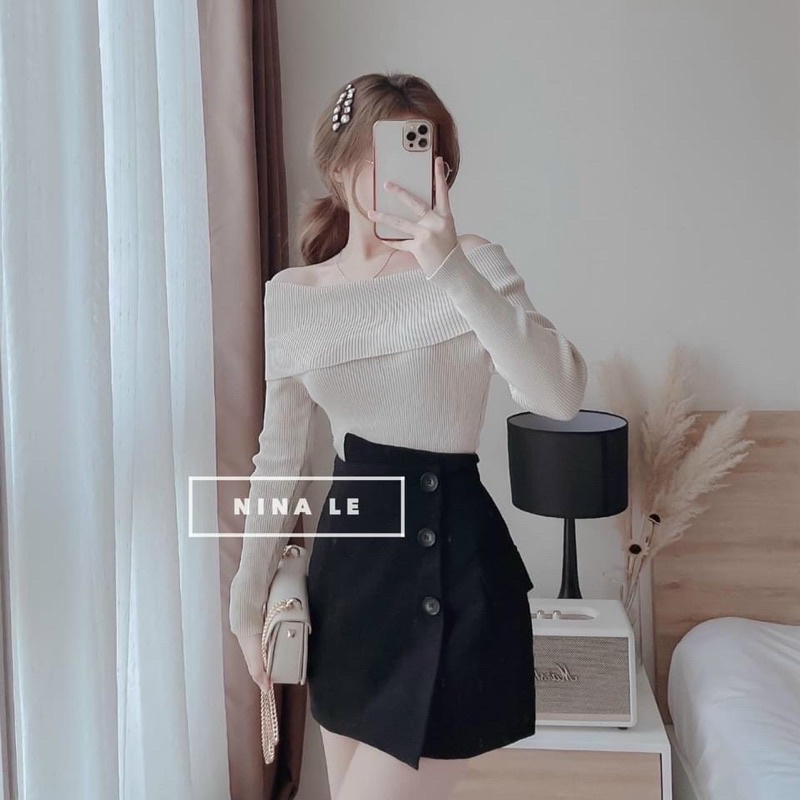 áo len dệt kim trễ vai cổ bẻ