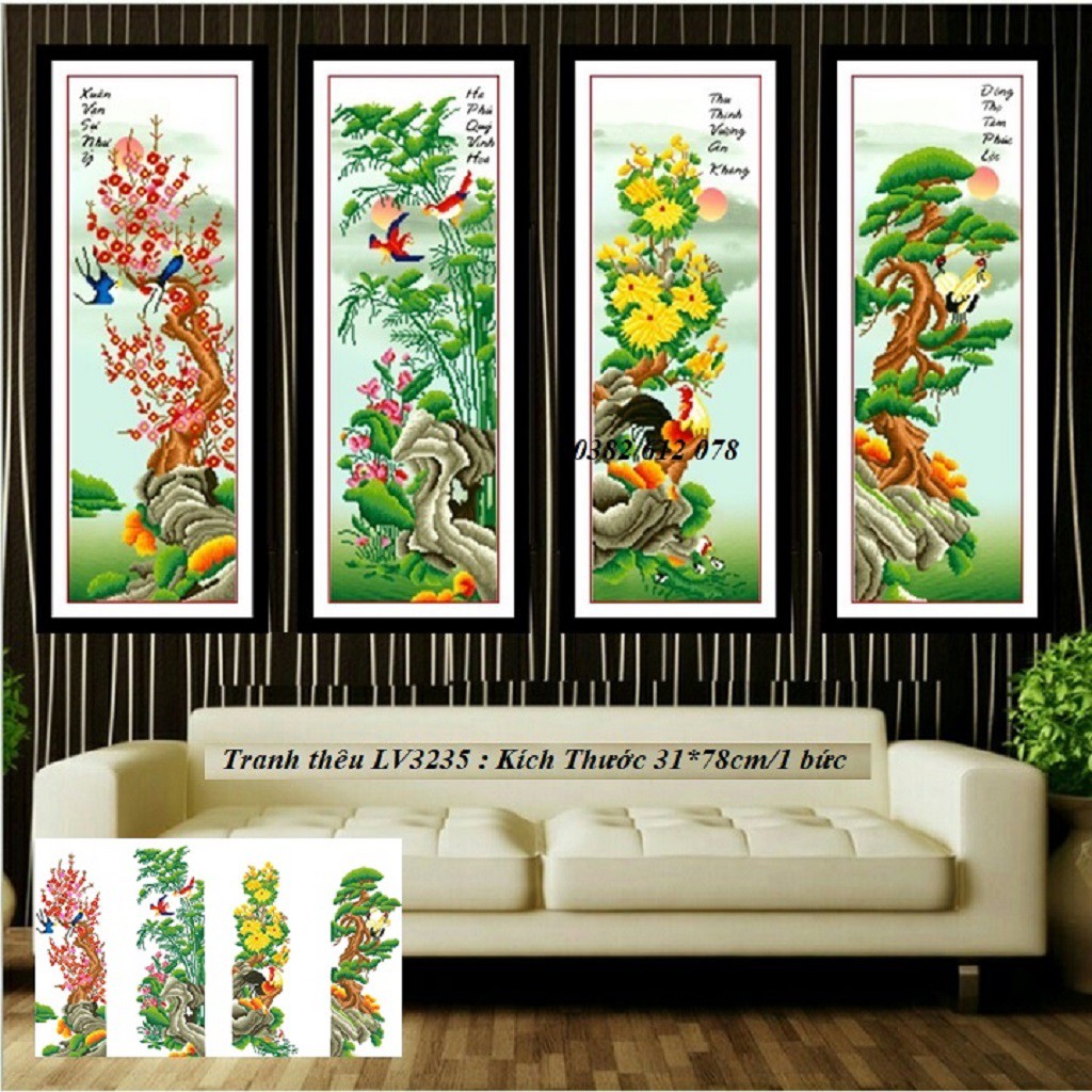 Tranh thêu chữ thập Tứ quý Tùng Cúc Trúc Mai LV3235