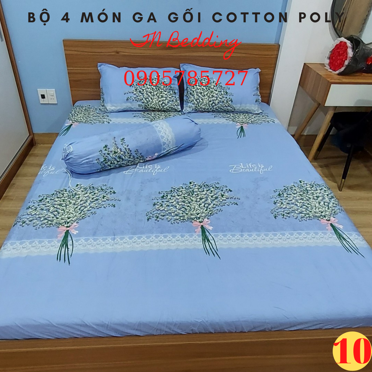 [Siêu rẻ] Bộ  Ga Gối Coton Poly 4 món( ga, 2 vỏ gối nằm, 1 vỏ gối ôm)