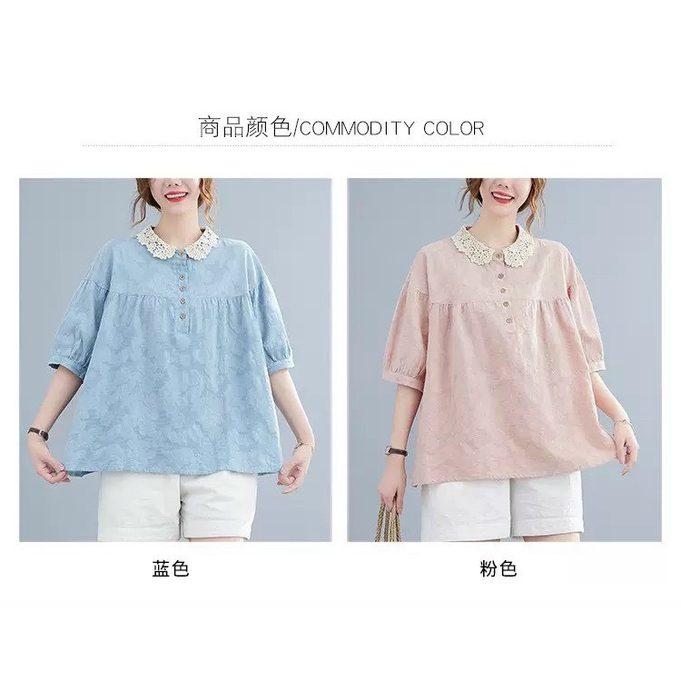 ￼Áo bầu mùa hè - Áo sơ mi bầu cổ ren hoa 3D (50-75kg)