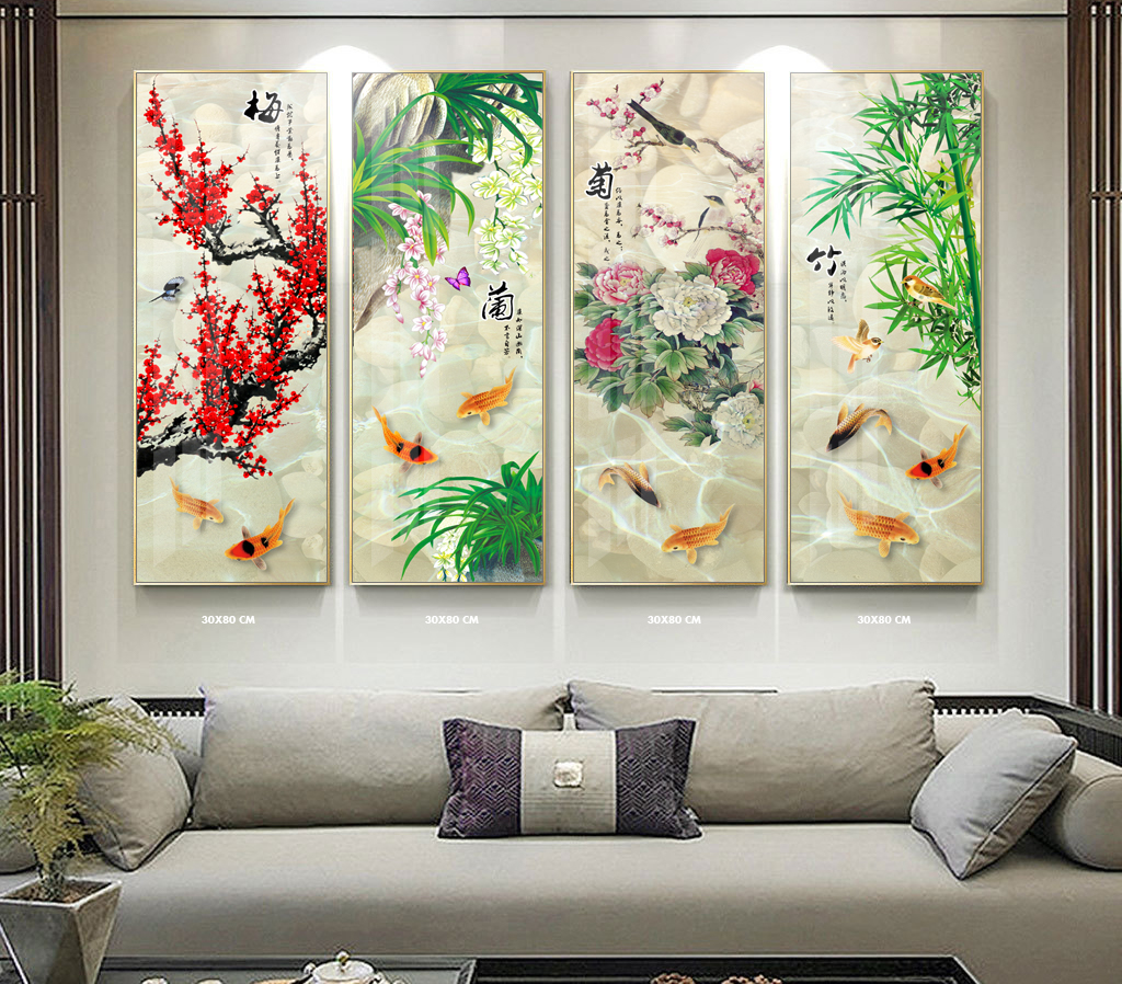 Bộ 4 tranh Đào Lan Cúc Trúc VTC treo tường phủ bóng laminate cao cấp 201809261602401105051 TG-tc3 30 x 80 cm nhiều mẫu