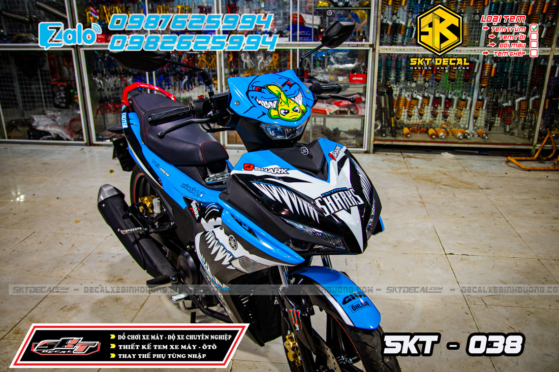 tem trùm exciter 155 xanh trắng đen cá mập