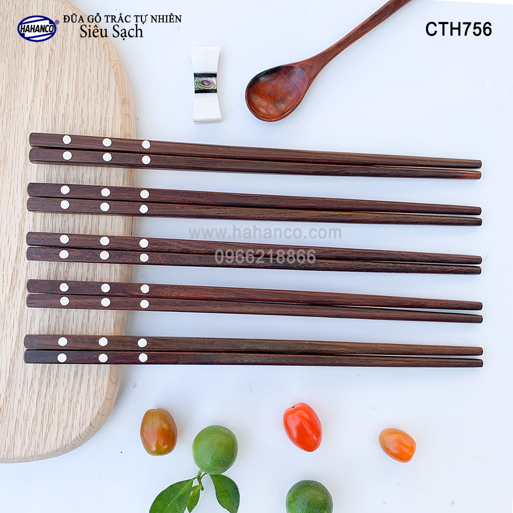Đũa gỗ Trắc siêu sạch - CTH756 - Gỗ trắc khảm 3 chấm (10 Đôi/hộp) - HAHANCO