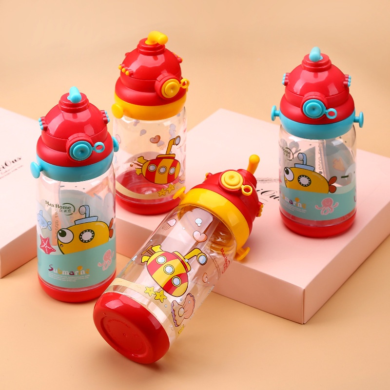 Bình nước học sinh 550ml, bình nước có quai đeo 550ml, bình nước học sinh có dây đeo hình robot dễ thương