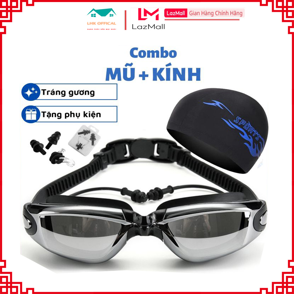 Kính Bơi Chính Hãng Tráng Bạc Chống Tia UV Tặng Kèm Mũ Bịt Tai Chống Nước