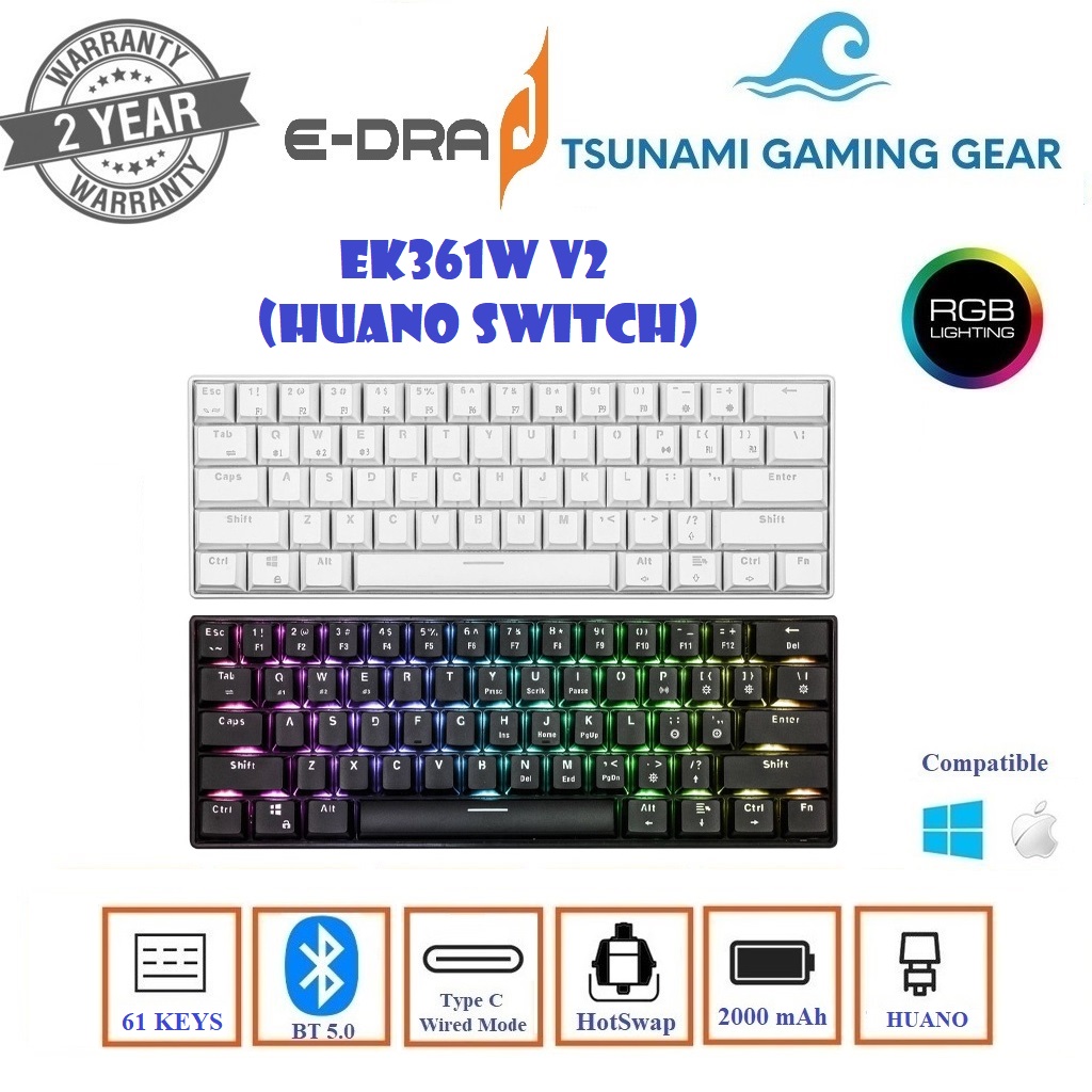 Bàn phím cơ không dây e-dra ek361w/ ek361w v2/ rgb/ huano switch/ bluetooth/ usb type c - bàn phím cơ 60% 61 phím bảo hành 2 năm