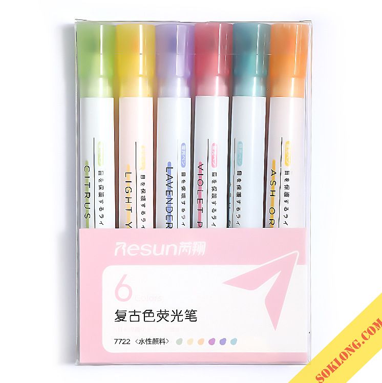 Bộ 6 bút highlight ghi nhớ dạ quang, bút đánh dấu Tuệ Minh màu Pastel nét đẹp