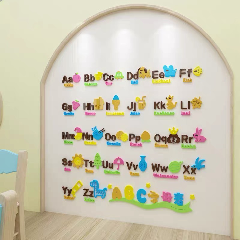 tranh dán tường cho bé 3D - Bảng chữ cái 2019, tranh dán phòng ngủ cho bé, tranh dán khu vui chơi