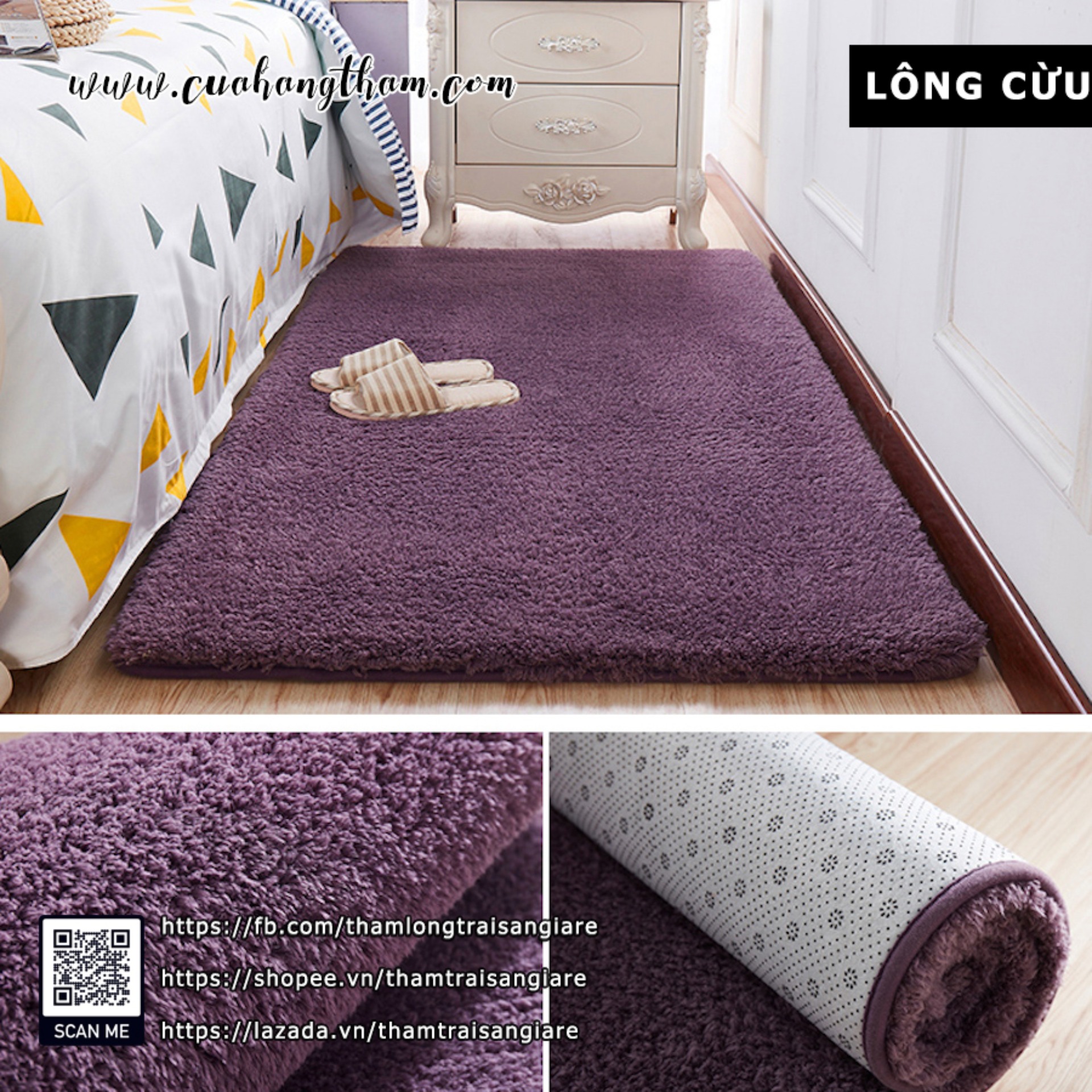 Thảm Trải Sàn Phòng Ngủ Lông Cừu Màu Xám Tím  1m6x2m | CỪU | TUBECA