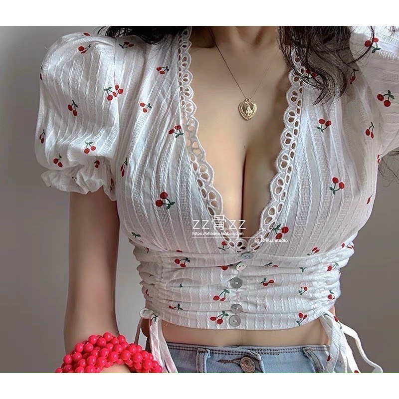 Áo croptop kiểu rút dây ln in cherry rh797