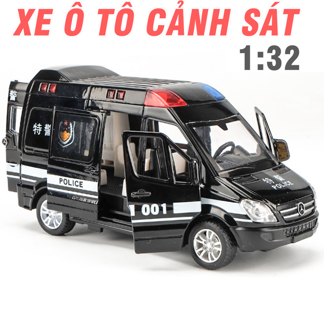 Xe cảnh sát mô hình bằng sắt có nhạc và đèn xe mở được tất cả các cửa xe chạy bằng cót đồ chơi trẻ em