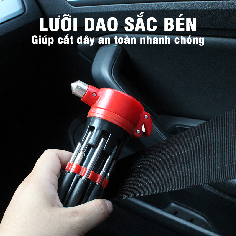 Búa thoát hiểm phá kính đa năng 8 trong 1 tích hợp tua vít và đèn pin cao cấp