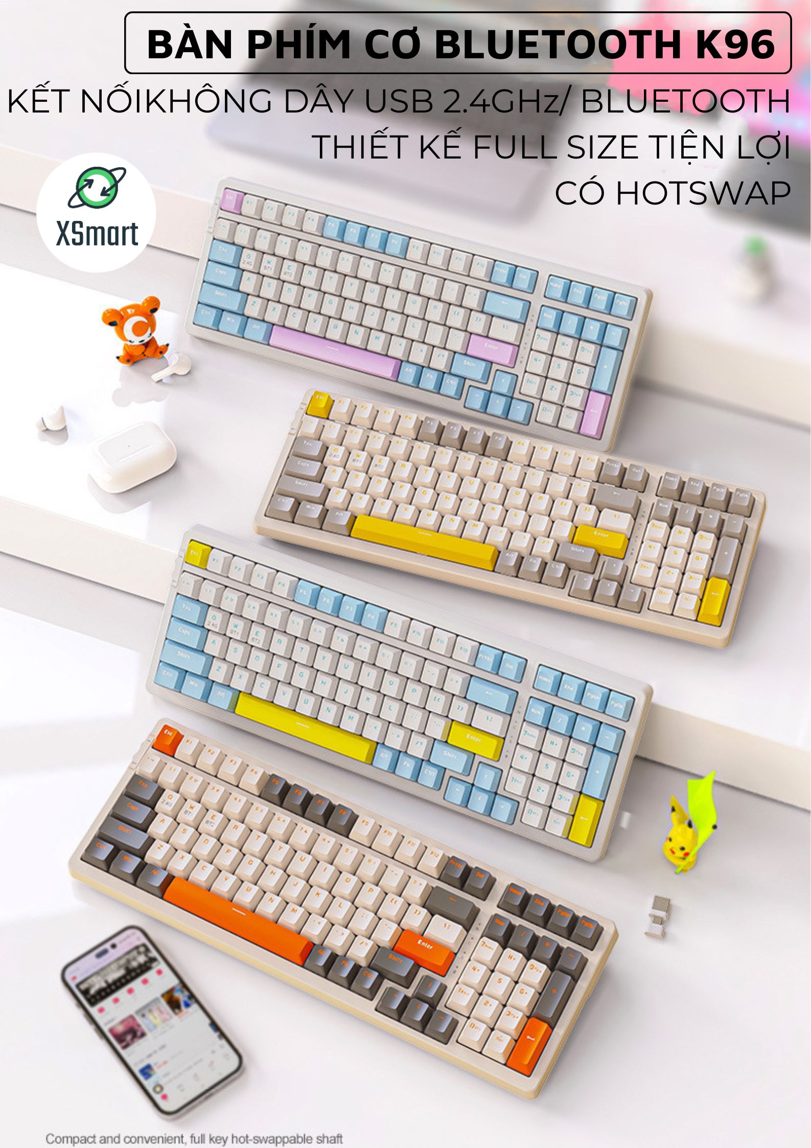 Bàn Phím Cơ Bluetooth Không Dây K96BT Cao Cấp Có HOTSWAP Lót Foam Tiêu Âm, Trục Red Switch