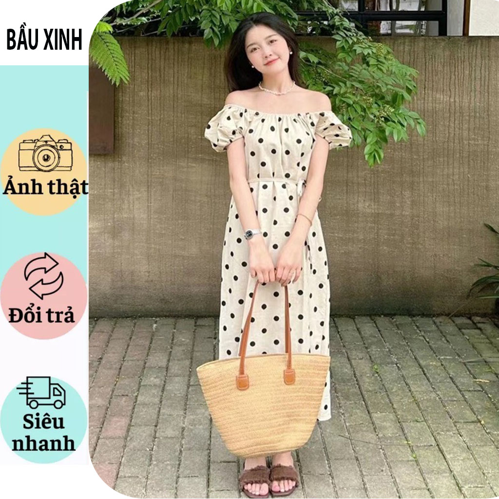 Váy bầu đầm bầu chấm bi tiểu thư trễ vai xinh xắn mặc đi biển dạo phố dự tiệc cực xinh vải mềm mát fresize