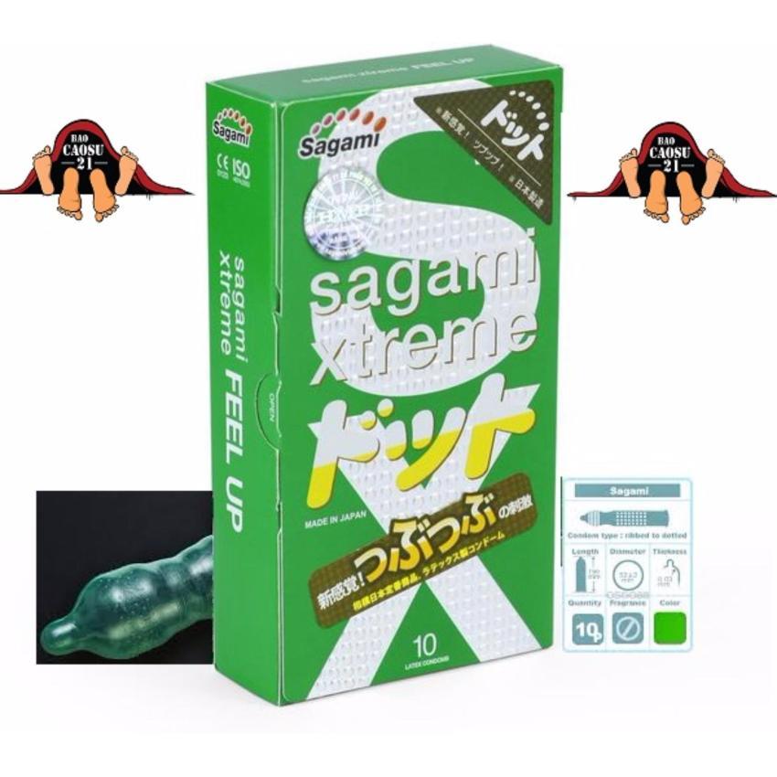 Hộp 10 Bao cao su siêu mỏng có gân gai Sagami Xtreme Green Type E-Green