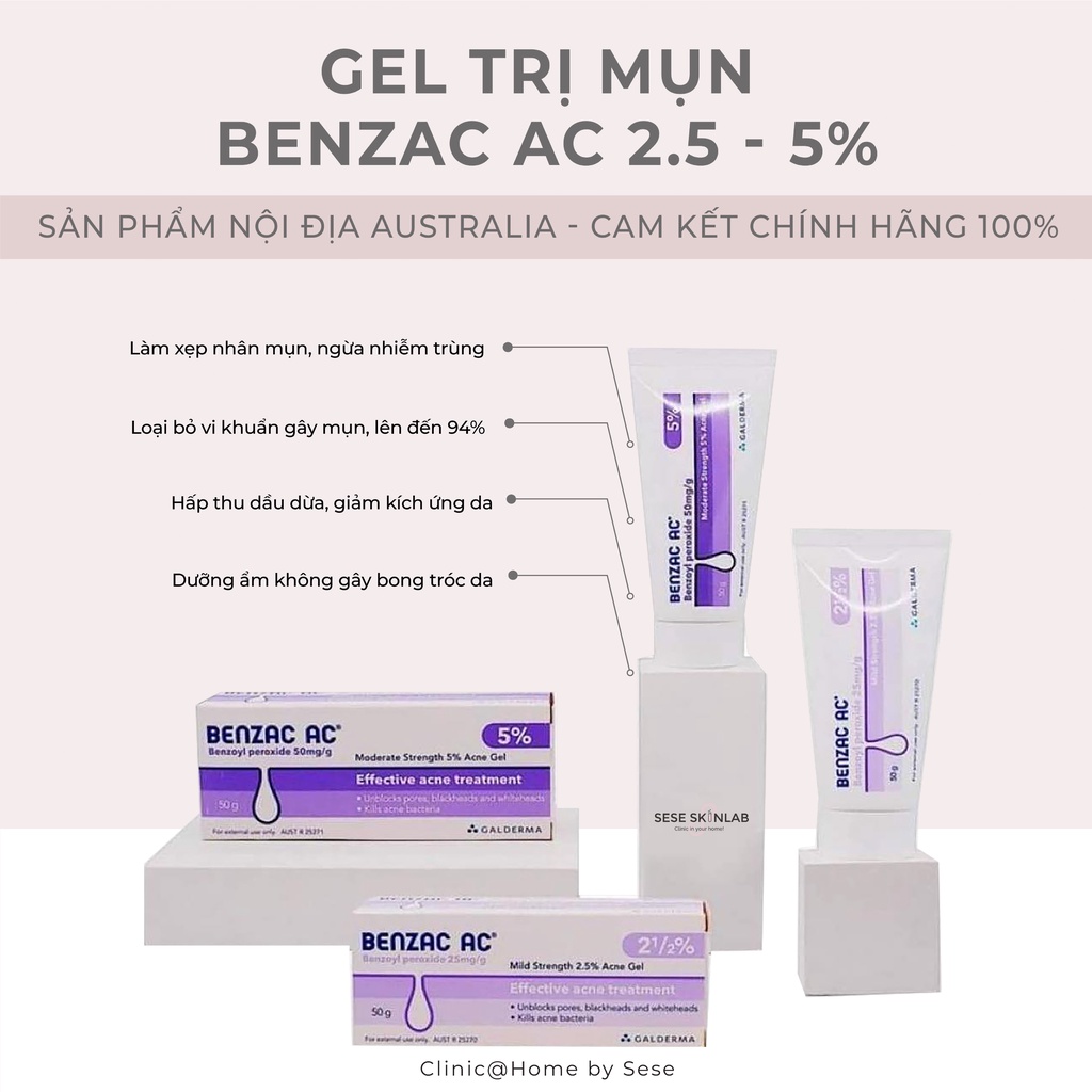 Kem chấm giảm mụn Benzac 5% Benzoyl Peroxide 15g