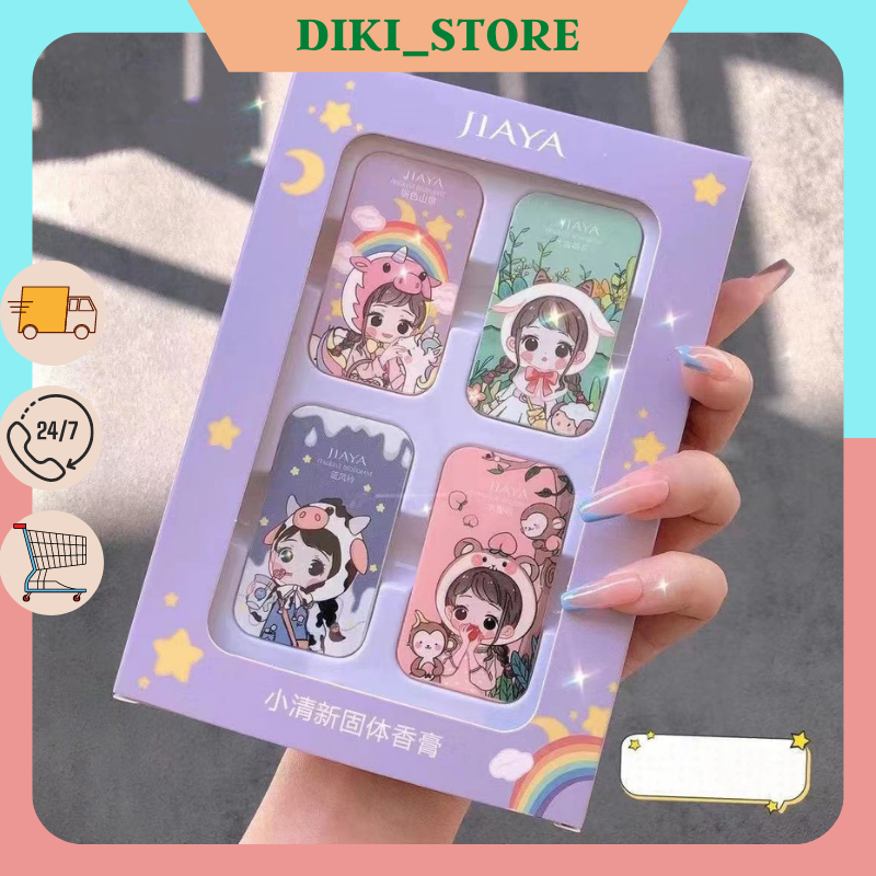 Set 4 hộp nước hoa khô nữ chính hãng thơm lâu dạng sáp tạo hình cô bé cực cute cùng hộp quà tặng cực đẹp - Chiki Store