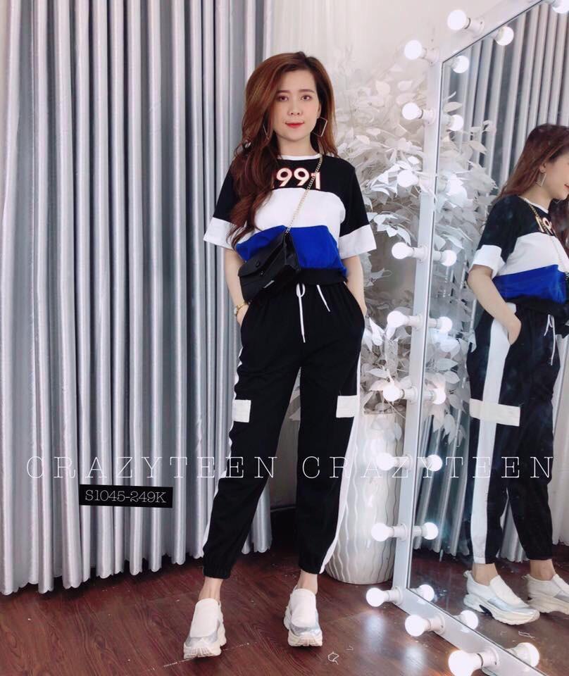 Sét bộ thể thao phối sọc màu in 1991 cá tính tts0705