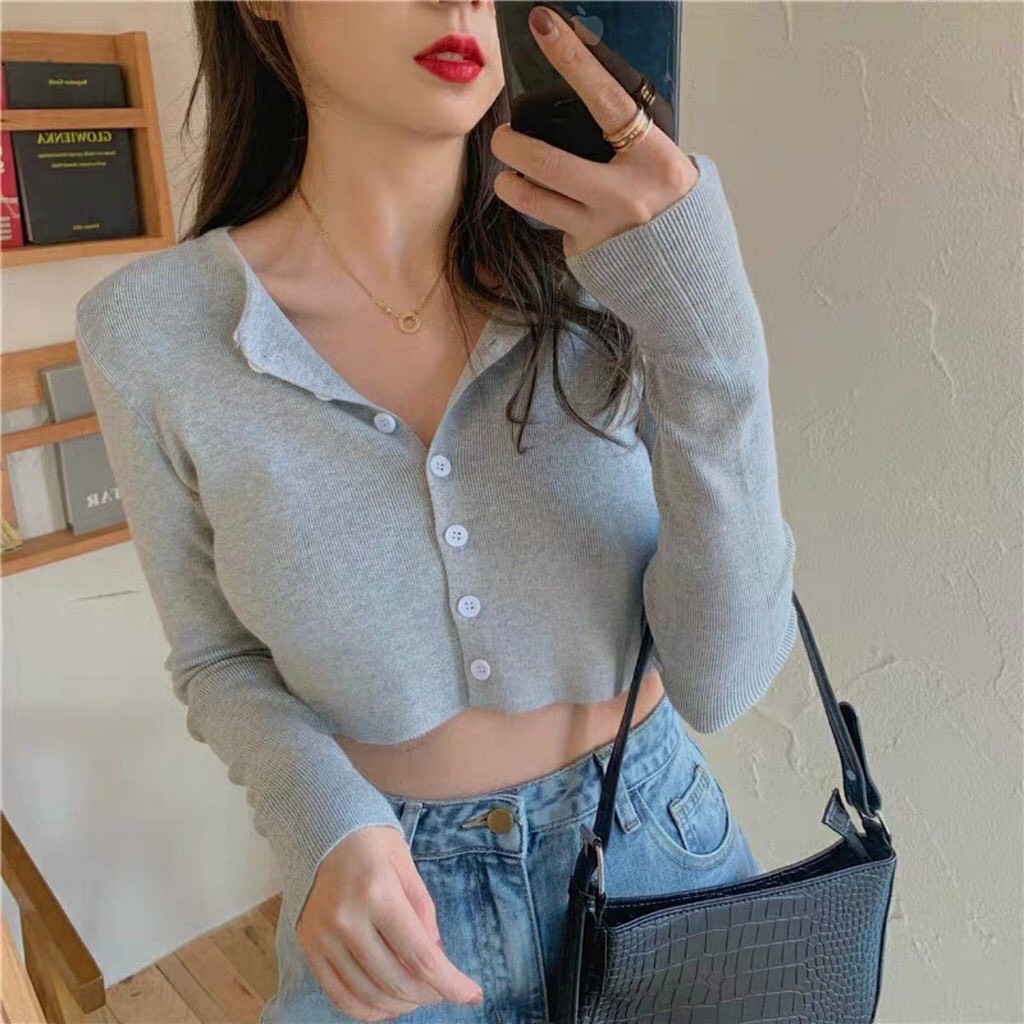 Áo croptop tay dài phối nút trước xinh xinh TTSLA0242