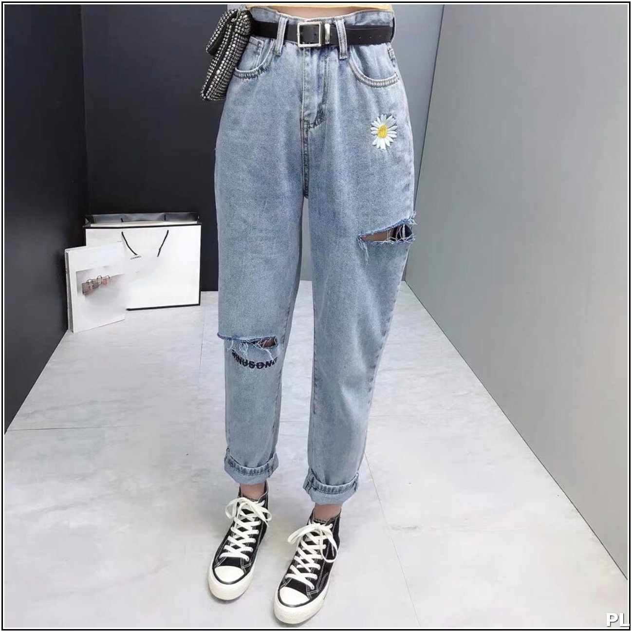 quần jean nữ BAGGY THÊU HÌNH HOA CÚC phối rách kiểu siêu xinh HC1-7
