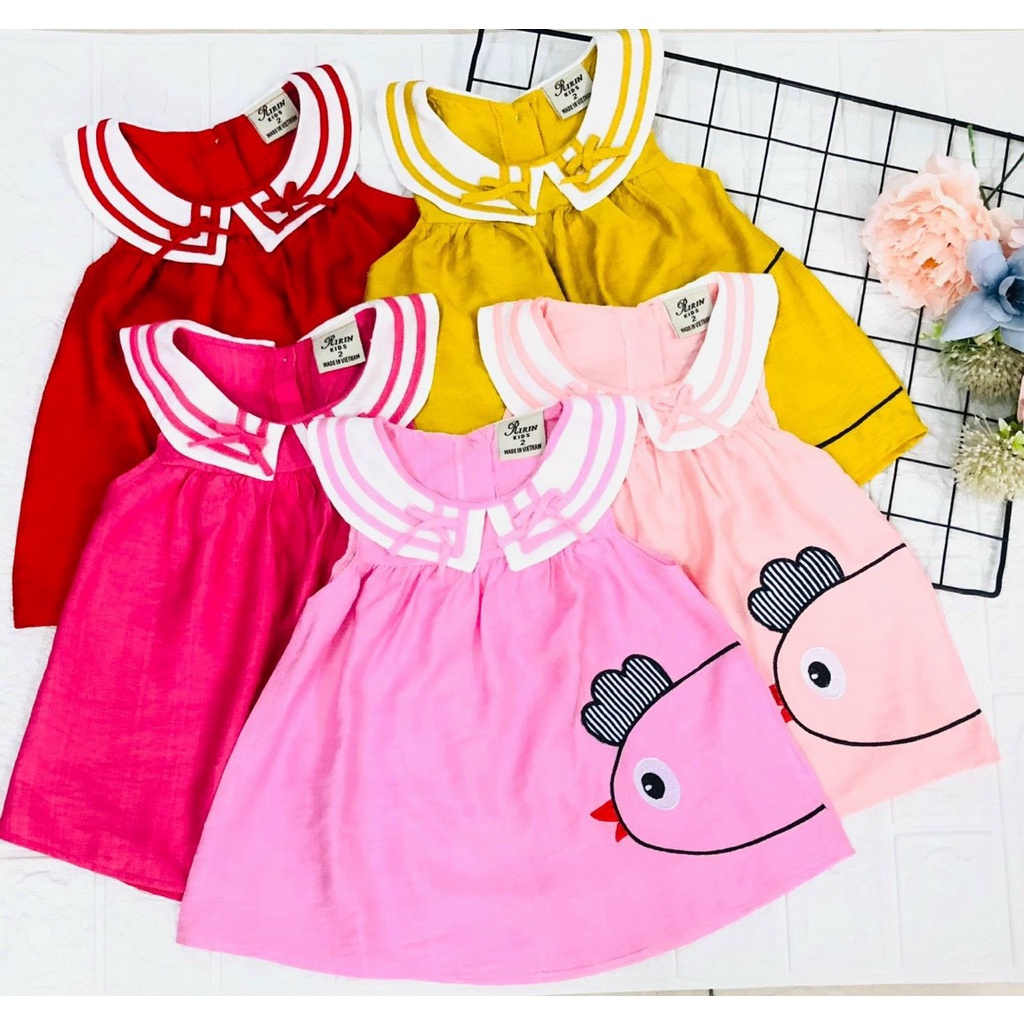 Đầm xoè cổ tròn đính nơ cho bé gái