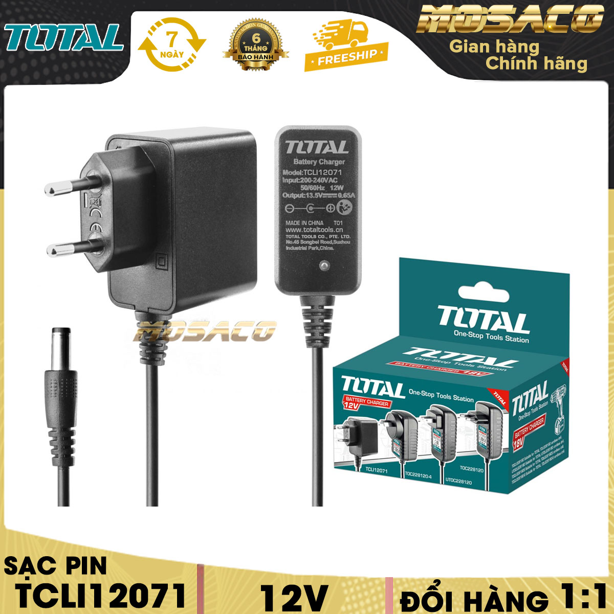 Rechargeable lithium battery 12V Total TCLI12071. Battery Charger 12V total charging time in 2 hours, suitable for many products used battery 12V Total easy-to-use long life warranty 3 month and packed carefully-mosaco