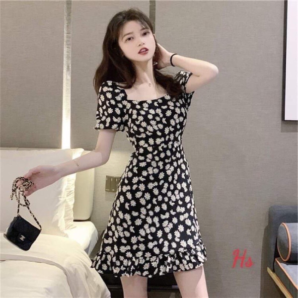 VÁY HOA CÚC CỔ VUÔNG TAY BỒNG HSU1