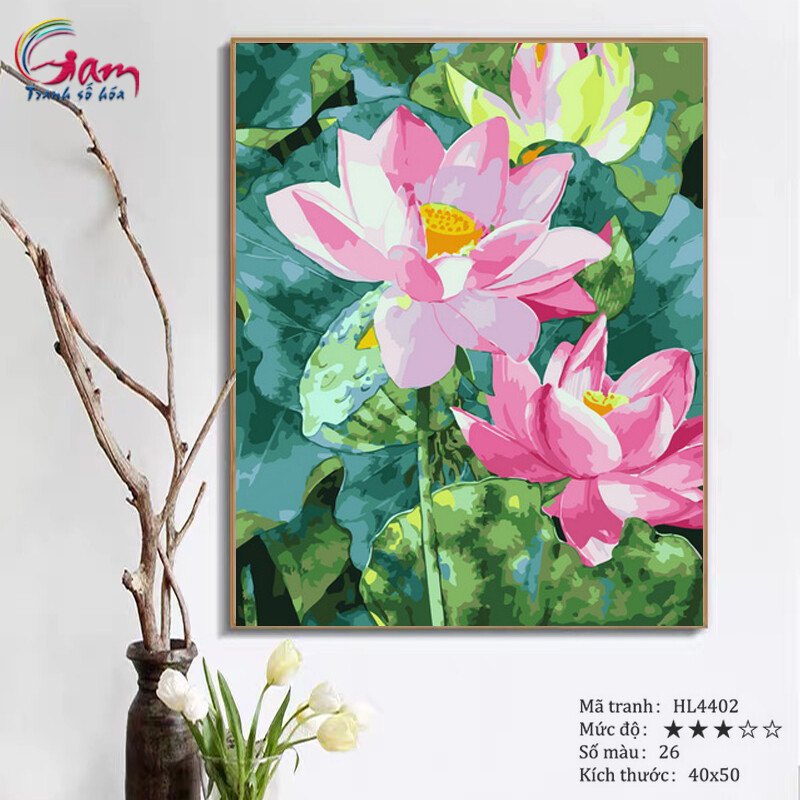 Tranh tô màu theo số hoa sen HL4402 40x50cm đã căng khung
