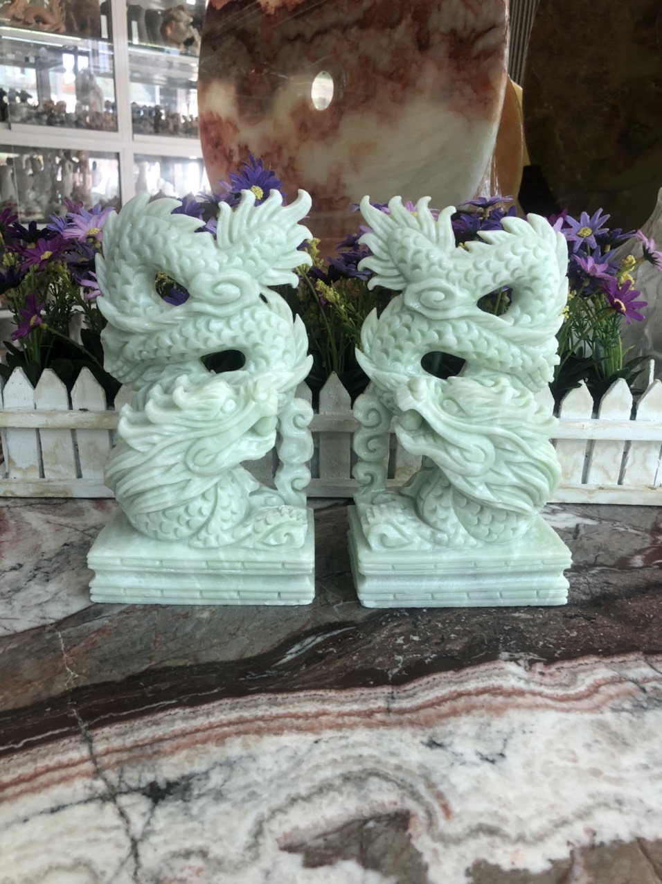 Cặp Rồng đứng phong thủy đá cẩm thạch trắng xanh - Cao 20cm