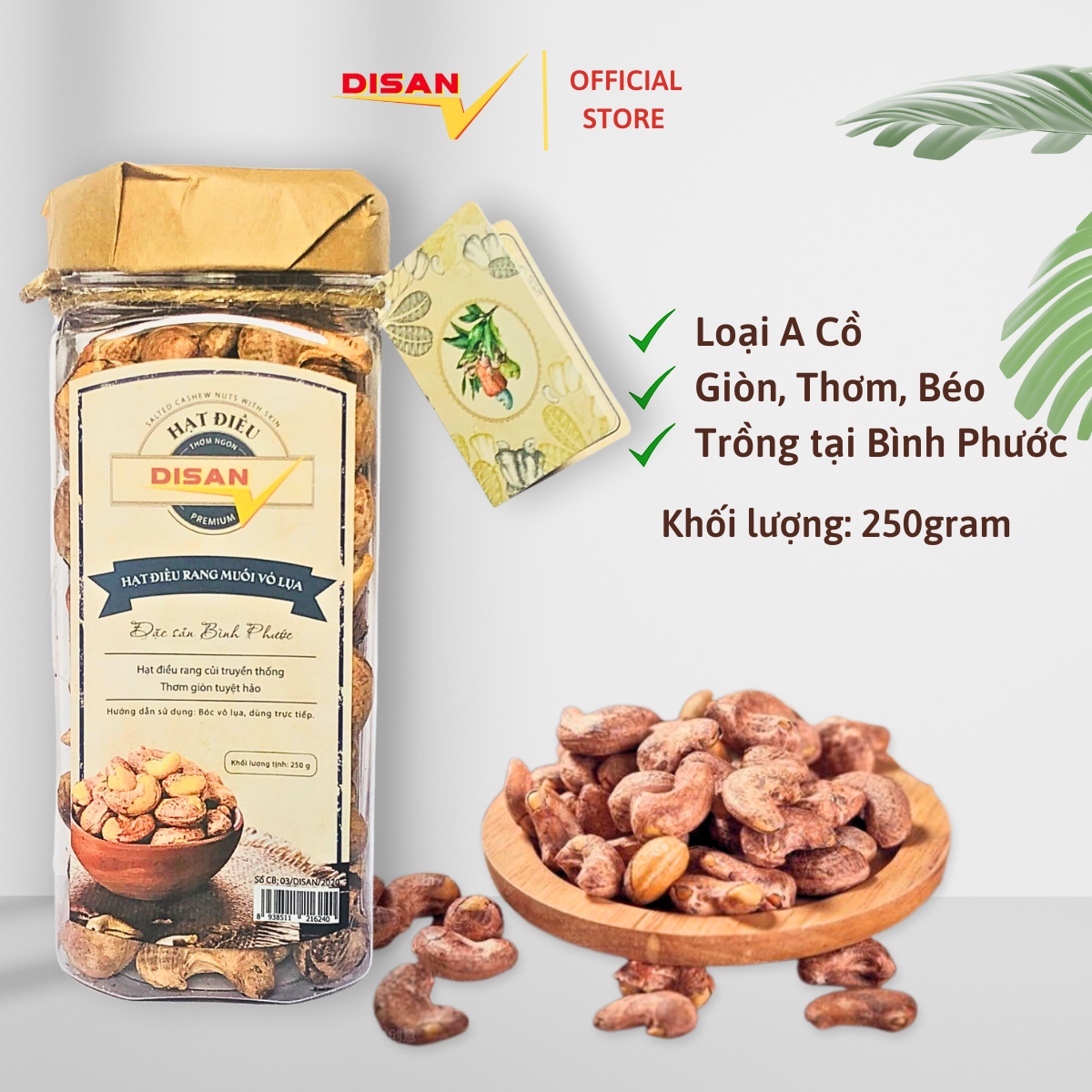HẠT ĐIỀU RANG MUỐI VỎ LỤA DISAN Chính gốc Bình Phước 250gr
