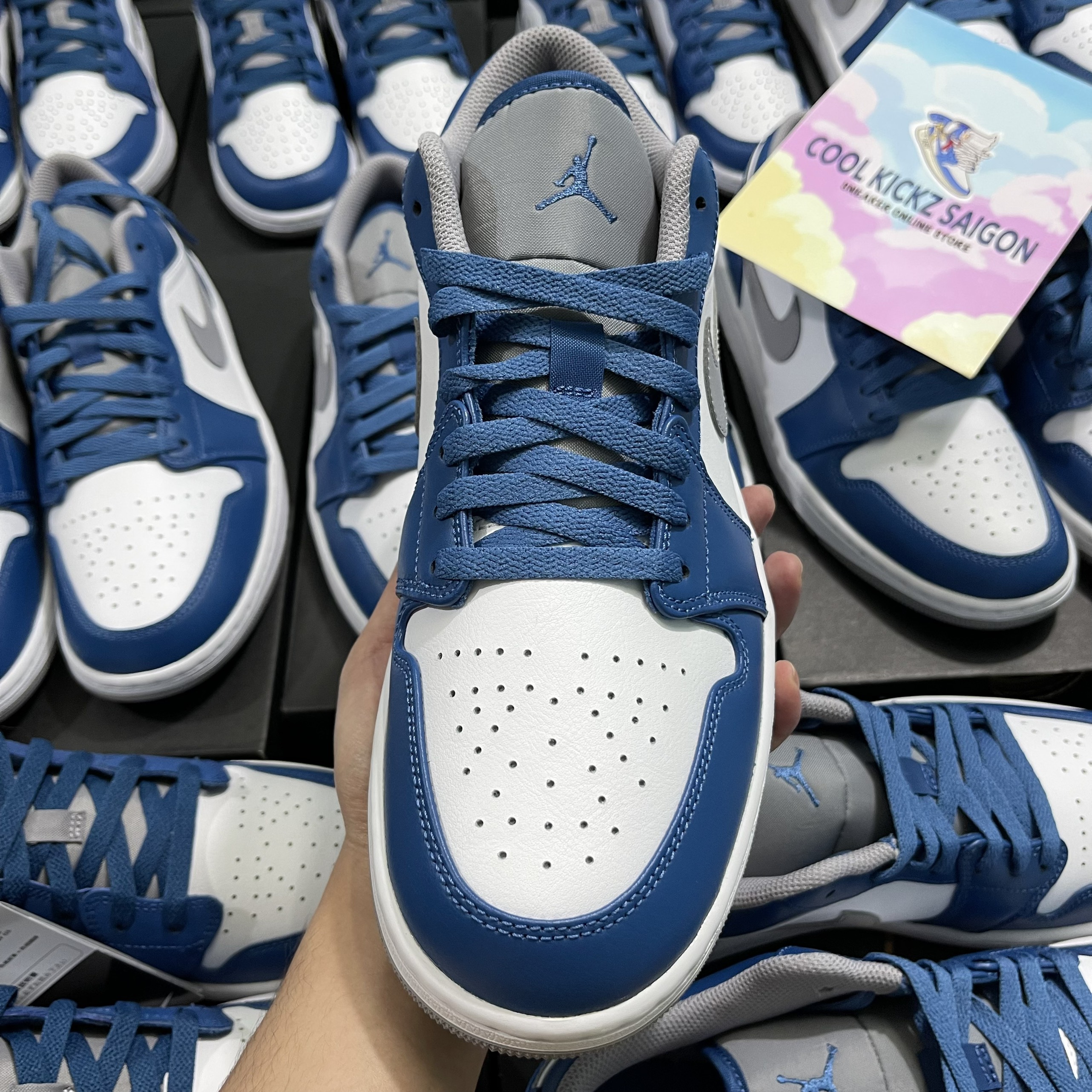 [CHÍNH HÃNG] Jordan 1 Low True Blue Cement Grey New Full Box Full Tag (553558-412) (553560-412)