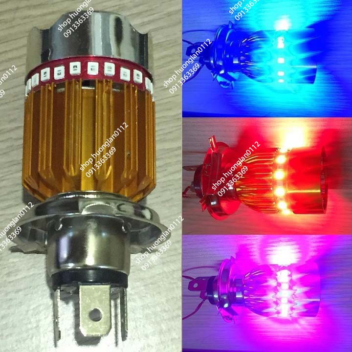 Đèn pha Led xe máy 7 màu 4 tim chân H4