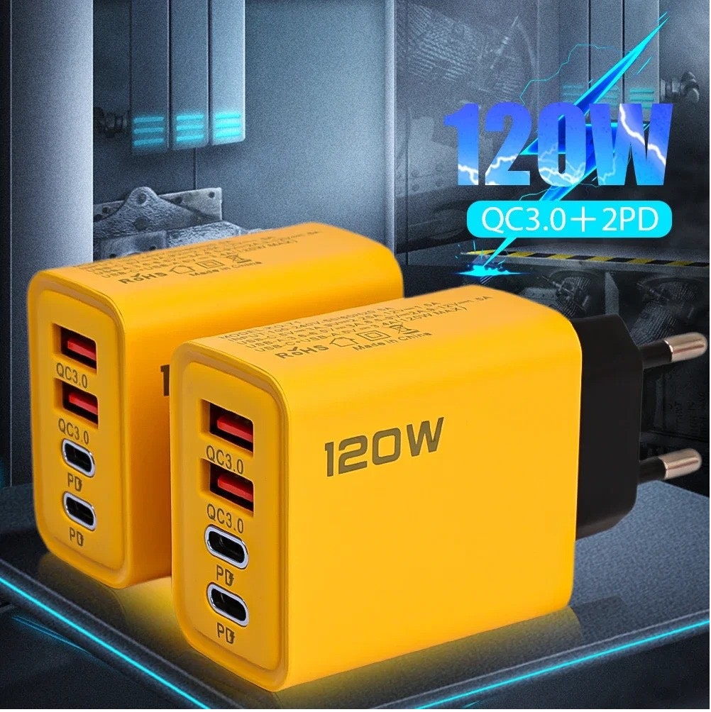 Bộ sạc nhanh 120W 4 cổng 2 USB 2 Type C + dây sạc bọc dù 4 in 1 65W siêu bền, sạc cho điện thoại máy tính bảng