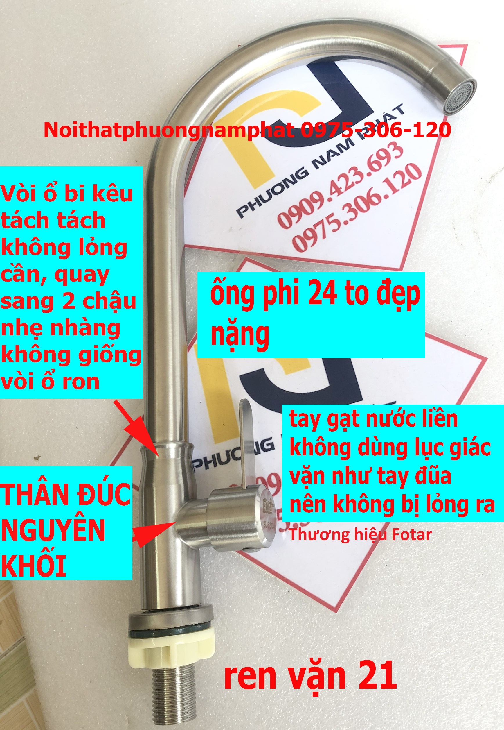 Ổ BI BAO KHÔNG LỎNG CẦN Vòi Rửa Chén Bát Lạnh Inox 304 quay 360 độ dùng cho 2 hộc chậu N5011 Fotar vòi ống phi 24 to đẹp tay gat nước gắn liền to dày