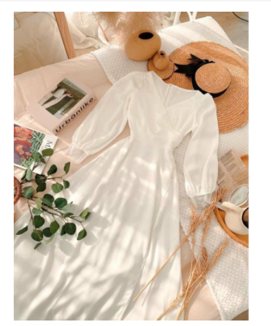 Đầm trắng cổ V chéo viền ren