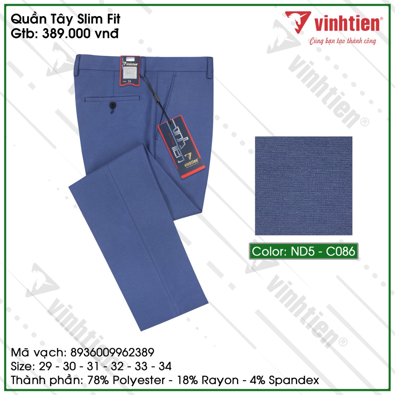 Quần Tây Nam Trơn Dáng Trẻ Vĩnh Tiến Màu Xanh Coban