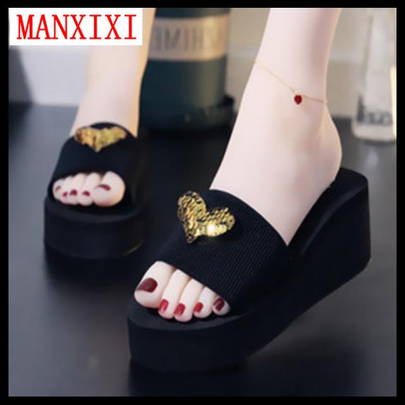 MANXIXI Brand Beautiful Flat Slippers 2.36 Inches Wedge Sandals Love Inlay Rubber Sole Sturdy Black Shoes For Women (34-39 size)