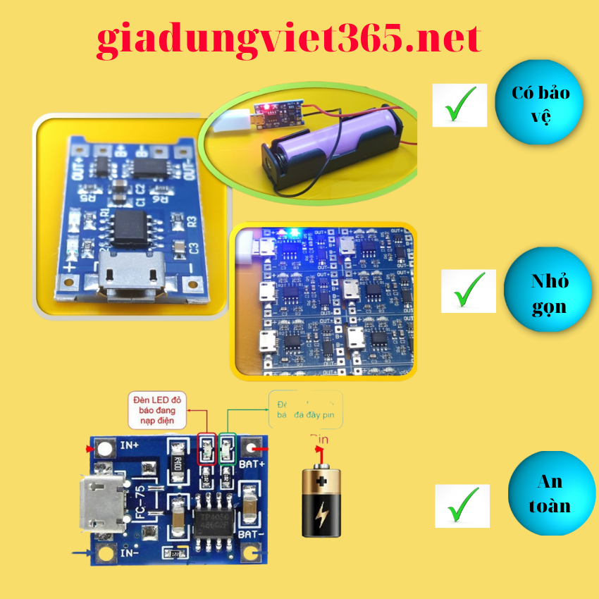 Mạch sạc pin 18650 lithium 3.7-4.2v tp4056 micro usb