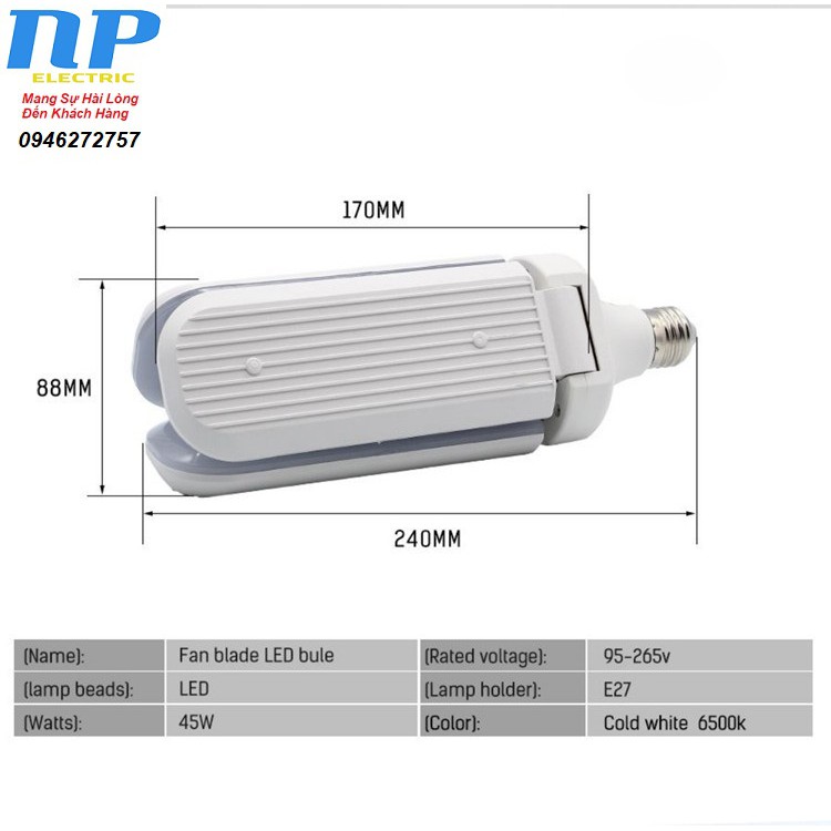 BÓNG ĐÈN LED SIÊU SÁNG 45W HÌNH 3 CÁNH QUẠT - ĐUI E27