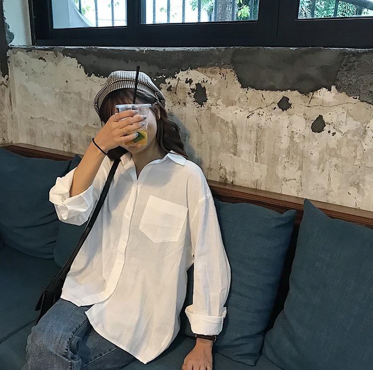 Áo sơ mi trắng trơn dài tay 1 túi oversize form rộng basic dễ phối đồ